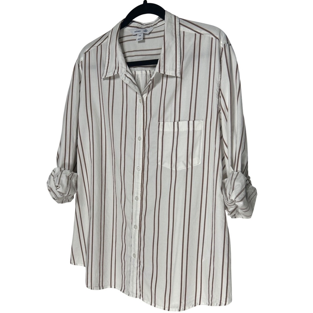 Old Navy The Classic Shirt XXL Womens White Brown Striped Button Down Cotton Top